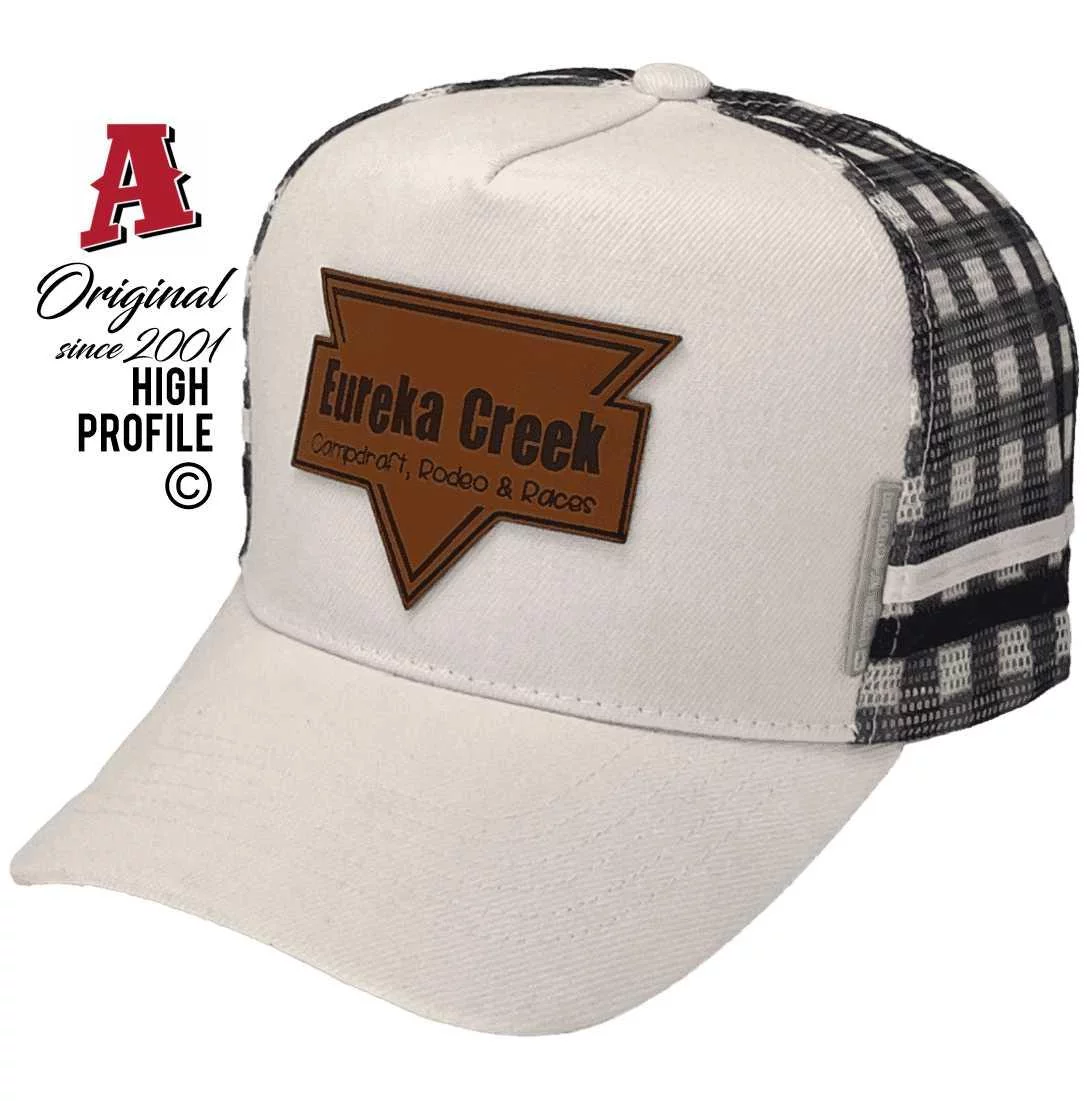 Eureka Creek Campdraft Rodeo & Races Dimbulah Qld Midrange Aussie Trucker Hats with Gingham Print Mesh & Leather Badge White Navy