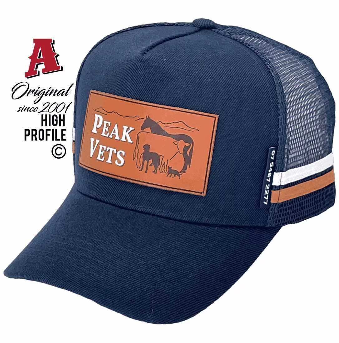 Peak Vets Peak Crossing QLD Midrange Aussie Trucker Hats with Australian HeadFit Crown & Coloured Leather Badging Navy Snapback