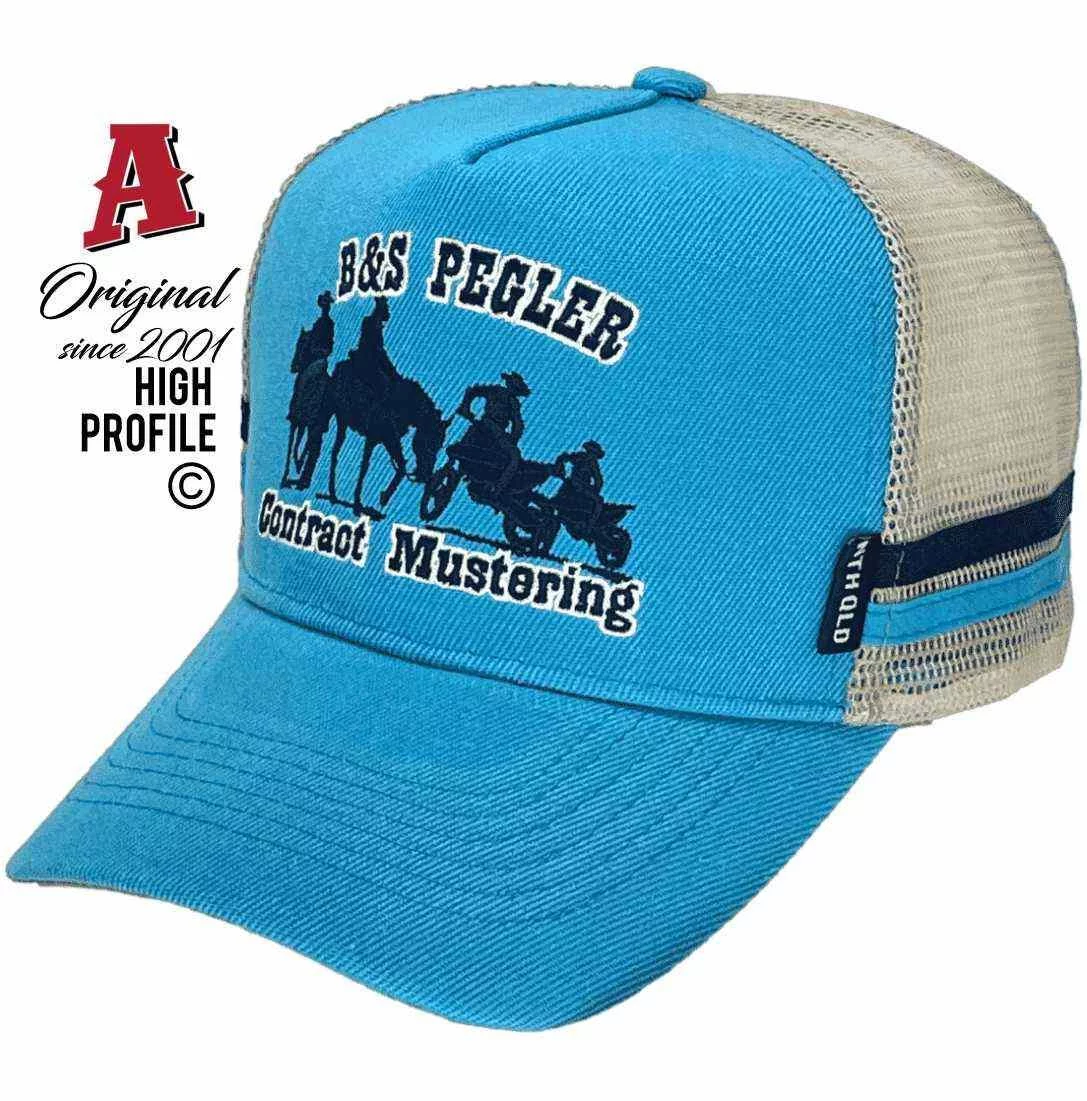 B&S Pegler Contract Mustering Winton Qld Basic Aussie Trucker Hats with Dual SideBands Aqua Grey Navy Snapback