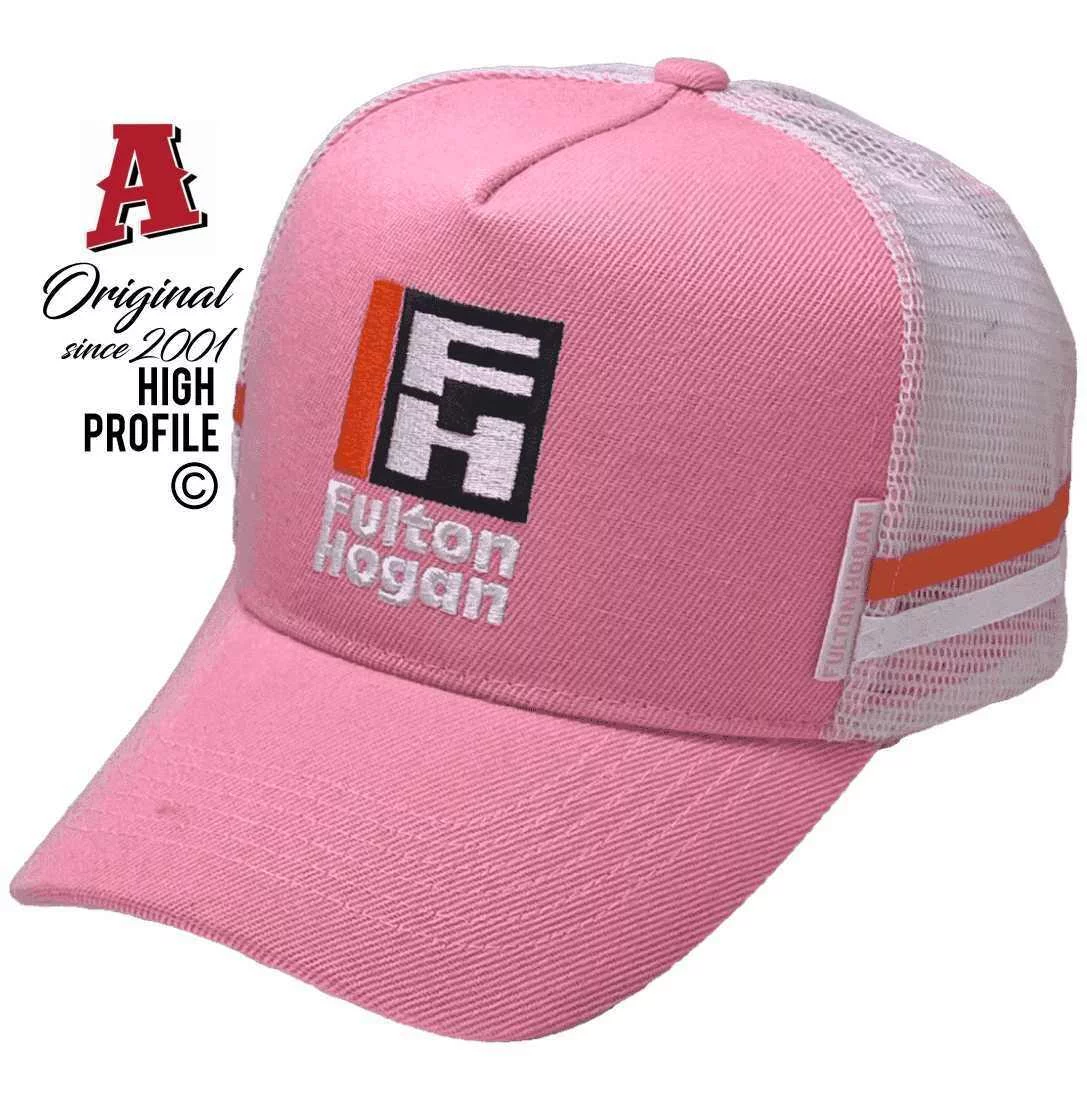 Fulton Hogan Beenleigh Old Midrange Aussie Trucker Hats with Australian HeadFit Crown & Duel SideBands Pink White Snapback