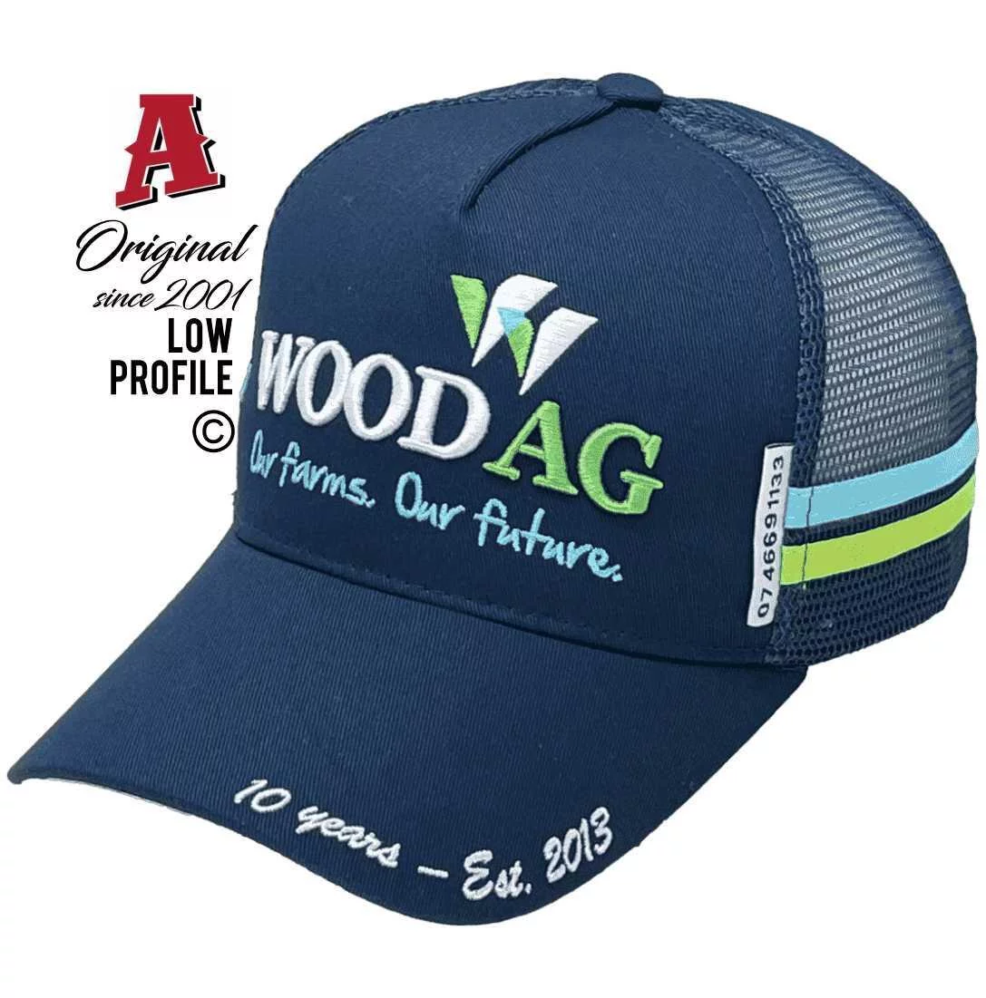 Wood AG Chinchilla QLD Midrange Aussie Trucker Hats with Australian HeadFit Crown & Dual SideBands Navy Snapback