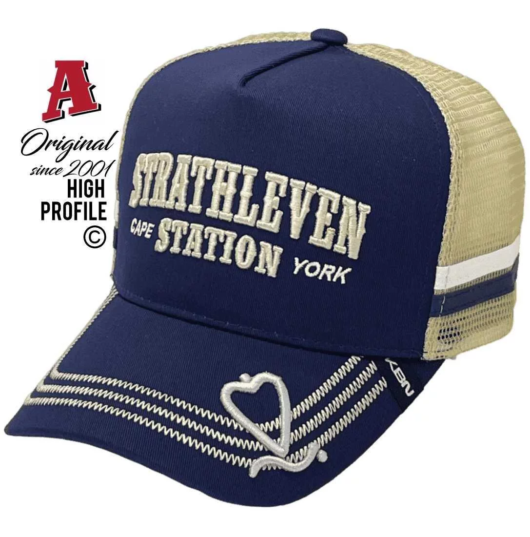 Strathleven Station Cape York Qld Power Aussie Trucker Hats with Australian HeadFit Crown & Dual SideBands Navy Khaki Snapback
