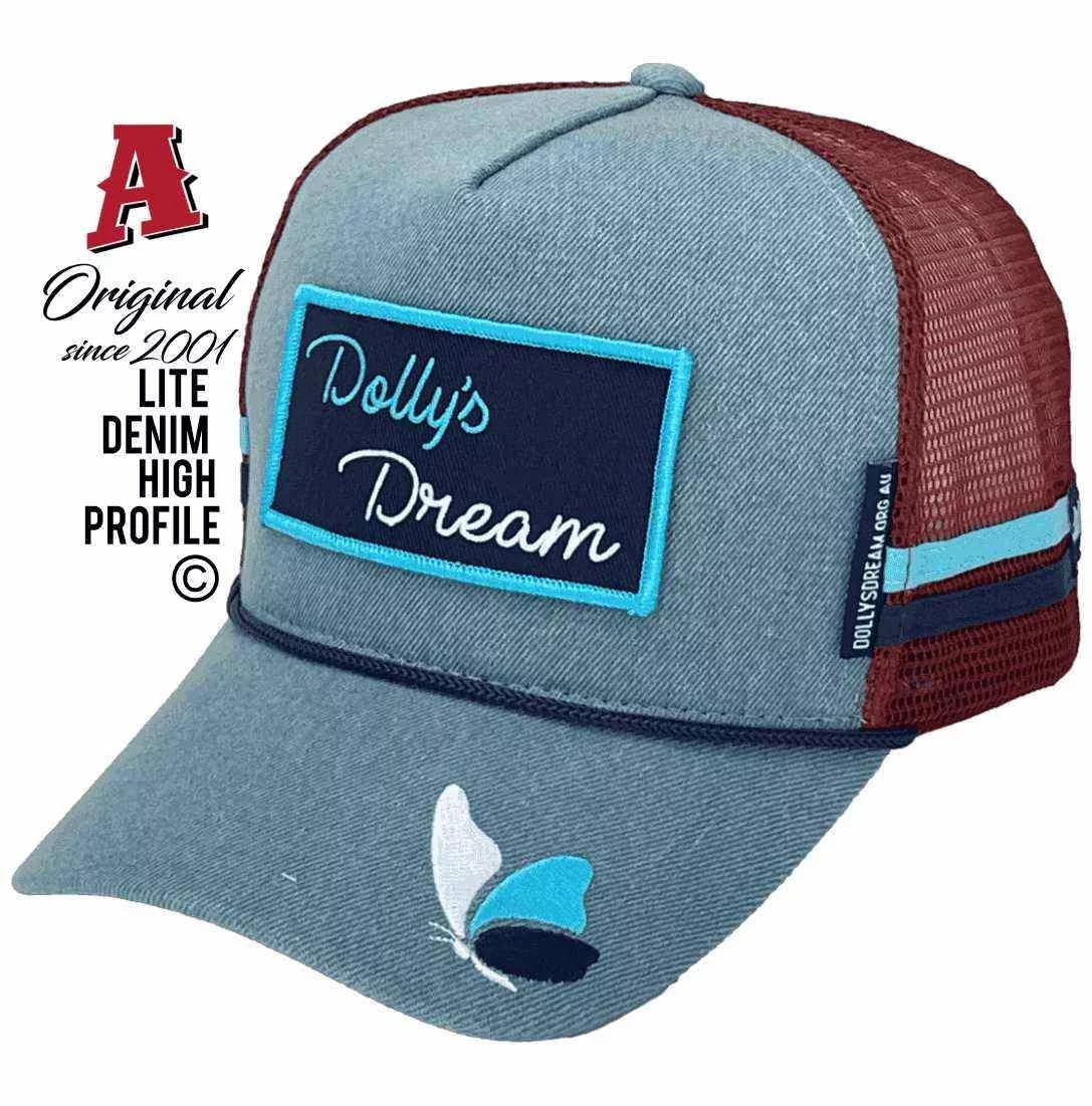 Dolly's Dream Foundation Addressing the Impact of Bullying Power Aussie Trucker Hats HeadFit Crown Lite Denim Maroon Snapback