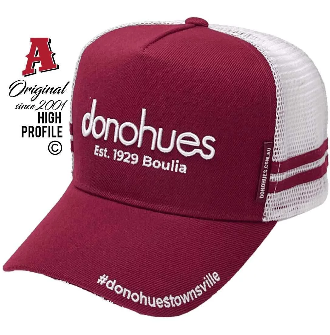 Donohues Townsville North Qld Midrange Aussie Trucker Hats with HeadFit Crown & Duel SideBands Maroon White Snapback