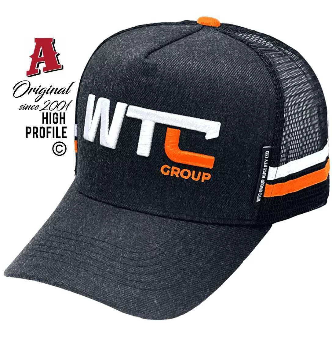 WTC Group Narrabri NSW Midrange Aussie Trucker Hats with Aussie HeadFit Crown & 2 SideBands Black Fleck Fabric Snapback