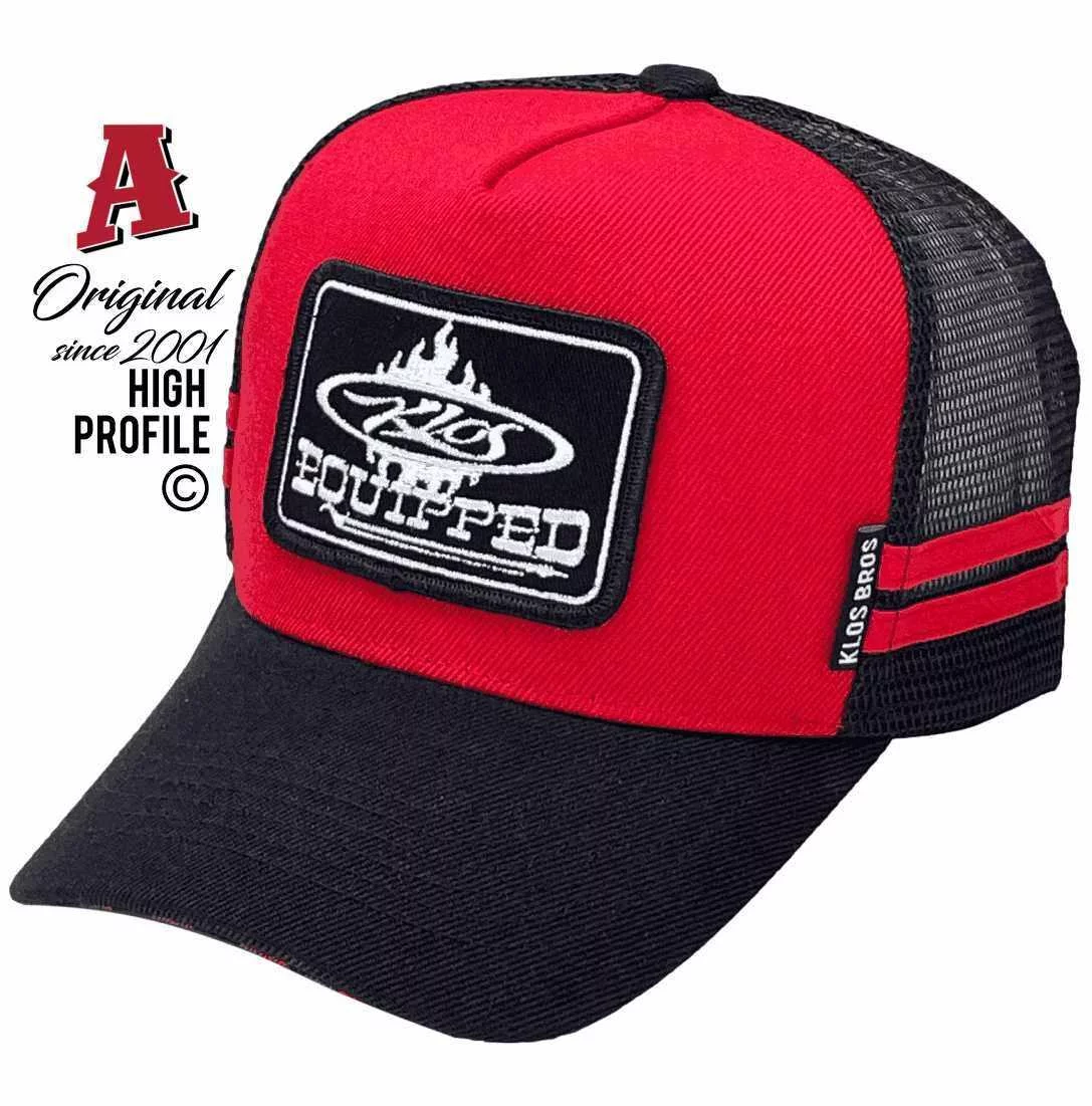 Klos Equipped Corio VIC Midrange Aussie Trucker Hats with Aussie HeadFit Crown & Dual SideBands Red Black Snapback