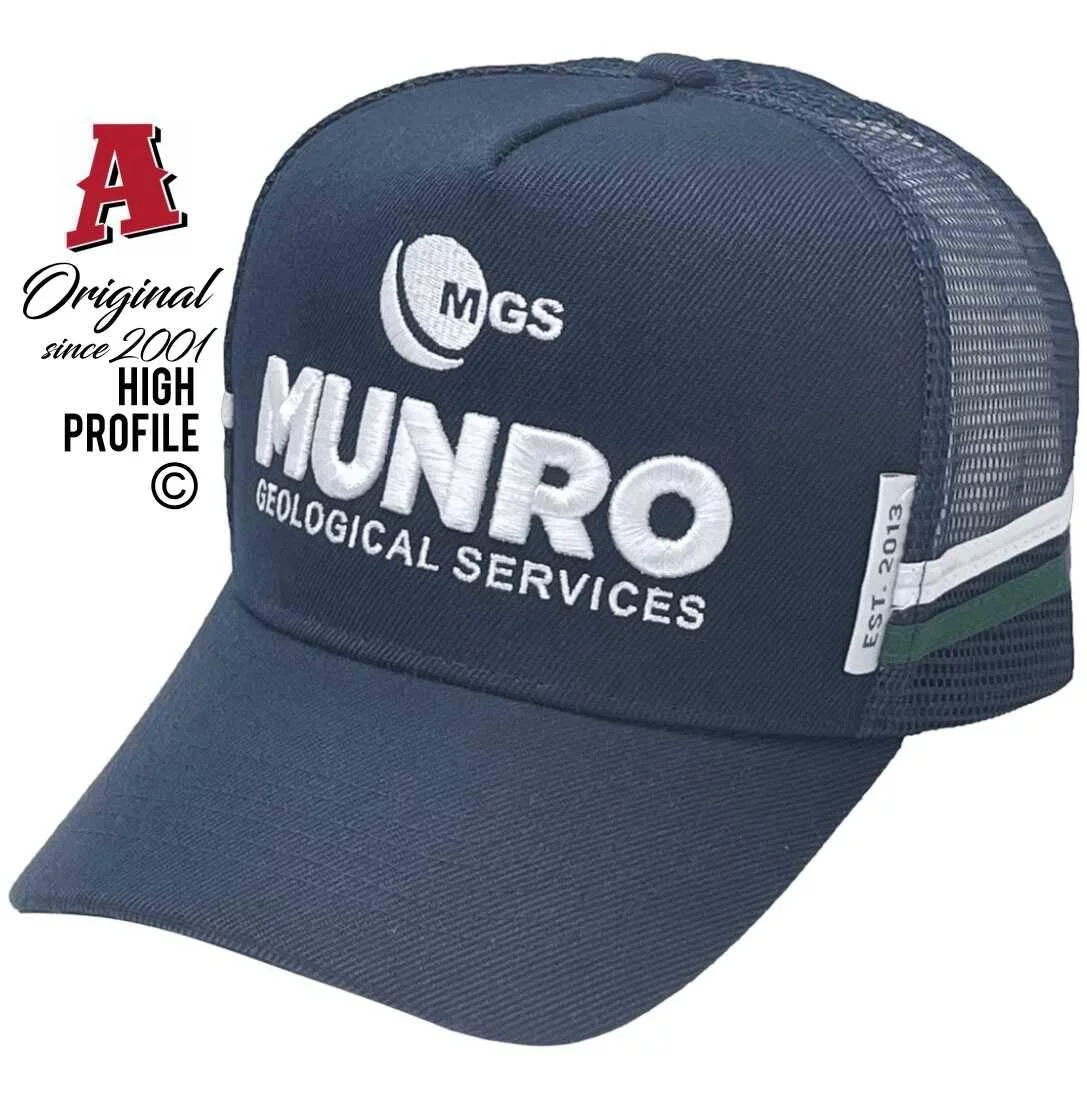 Munro Geological Services Cobar NSW Midrange Aussie Trucker Hats With Aussie HeadFit Crown & double SideBands Navy Snapbacks