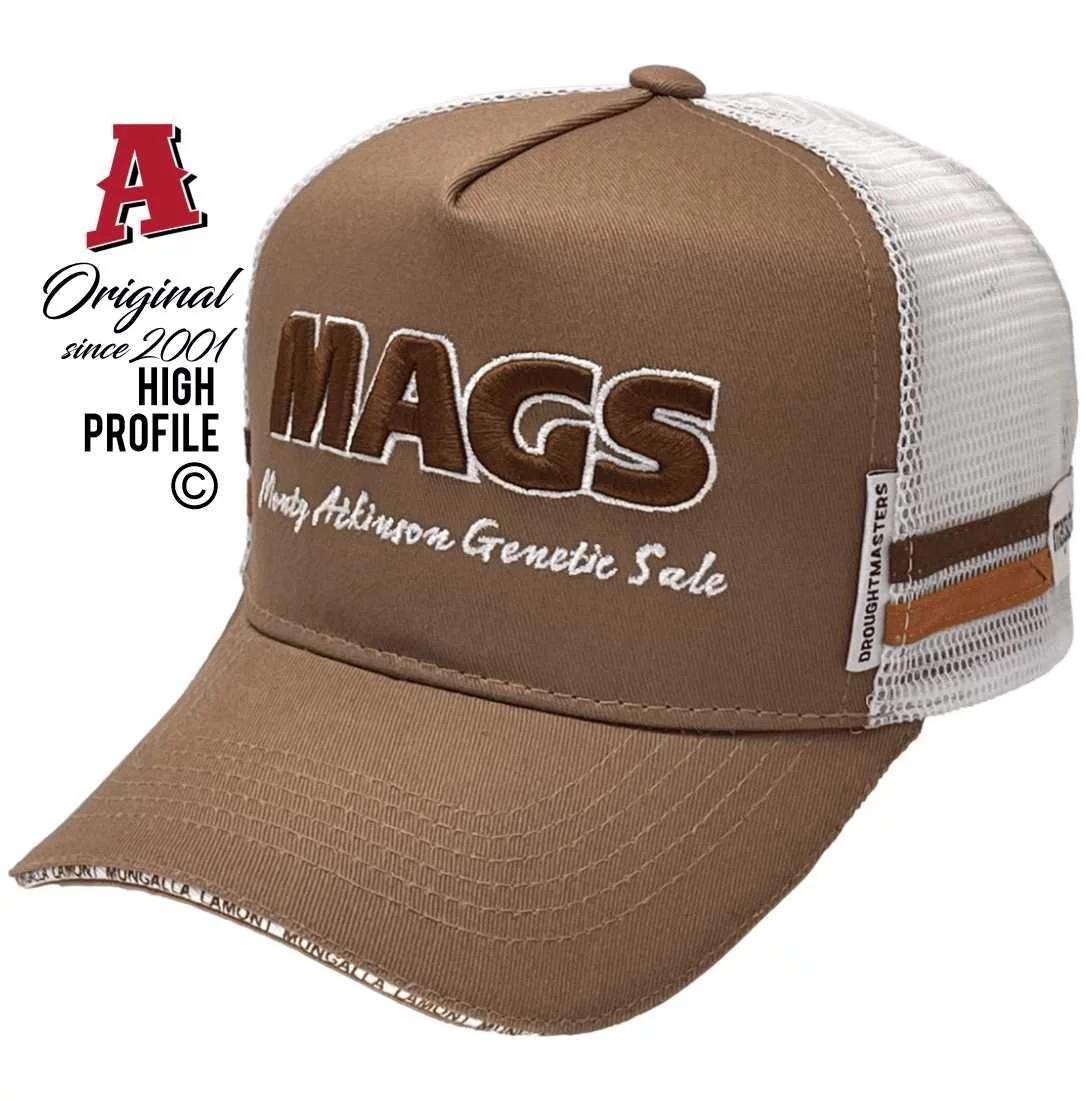 Mags Droughtmasters Charters Towers Qld Power Aussie Trucker Hats with Text Sandwich Brim Brown White Navy Snapback