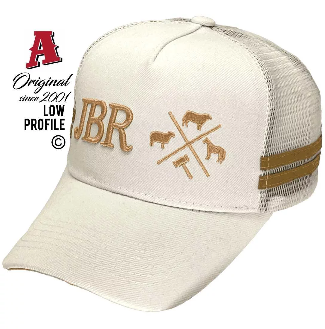 JBR James Bradford Rural Gunnedah NSW Midrange Aussie Trucker Hats with 3D Lite Gold Metallic Thread Embroidery White Snapback