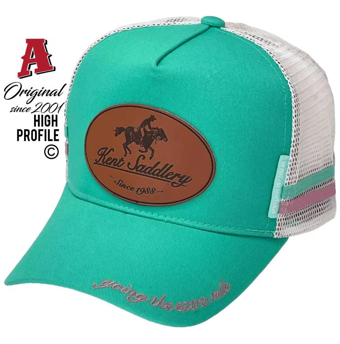 Kent Saddlery Stanthorpe QLD Midrange Aussie Trucker Hats with Leather Badge & Duel SideBands Green White Snapback