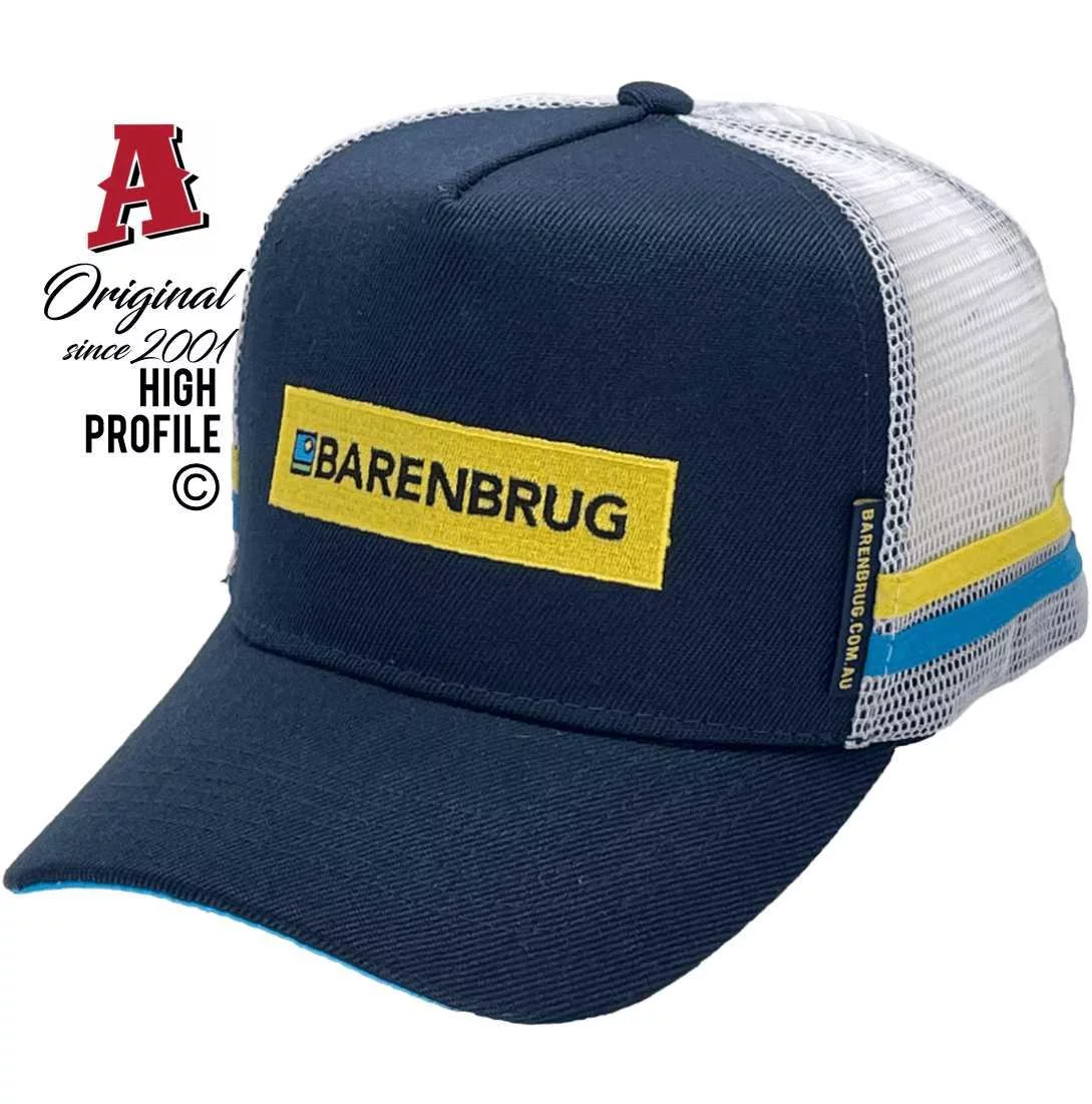 Barenbrug Dandenong South VIC Midrange Aussie Trucker Hats with Aussie HeadFit Crown & double SideBands Navy White Snapback