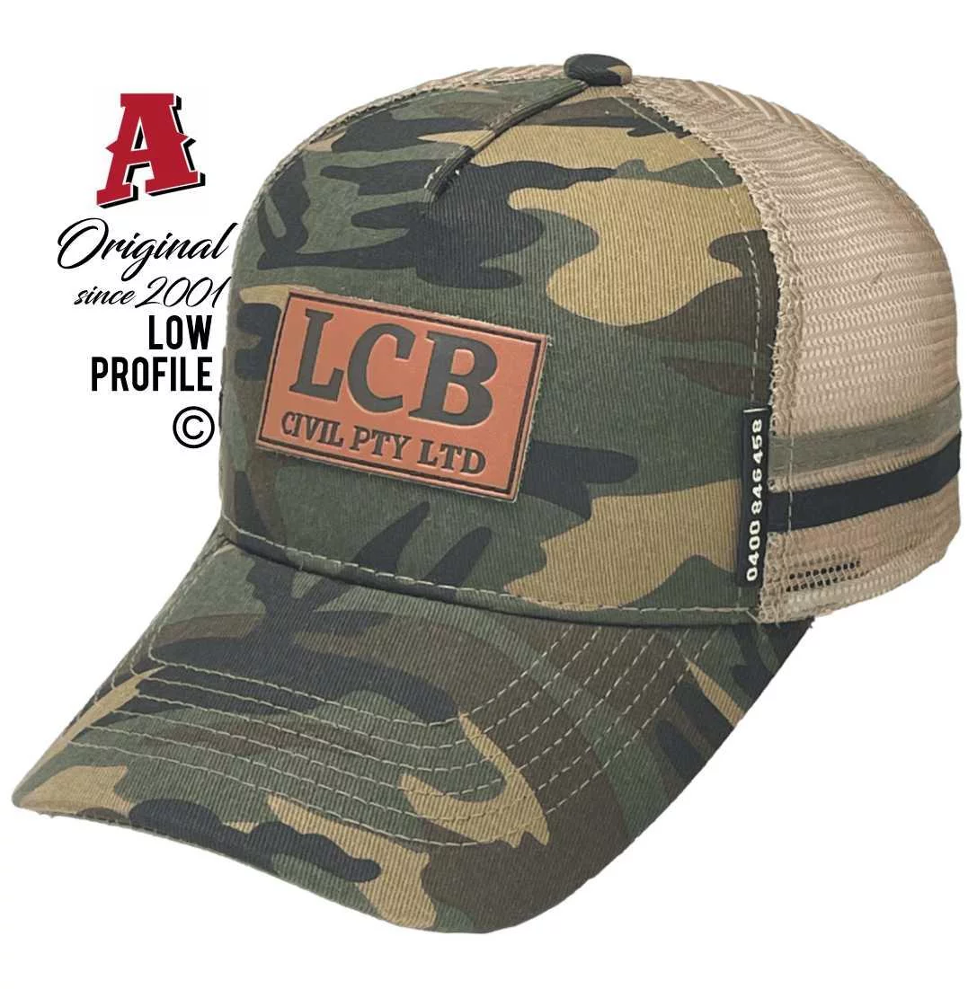LCB Civil Pty Ltd Bundaberg East QLD Midrange Aussie Trucker Hats with 2 SideBands & Leather Badge Camouflage Mountain Snapback