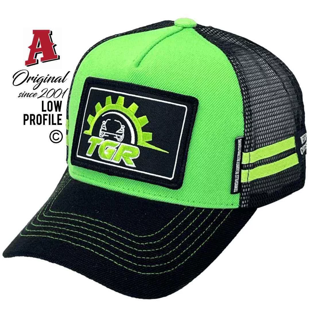 TGR Townsville Gearbox Reconditioning Garbutt QLD Midrange Aussie Trucker Hats with Aussie HeadFit Crown Lime Black Snapback