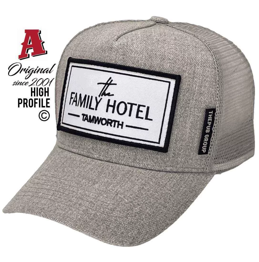 The Family Hotel Tamworth NSW Basic Aussie Trucker Hats with HeadFit Crown & Sew-on Badge With Merrow Edge Grey Fleck Snapback