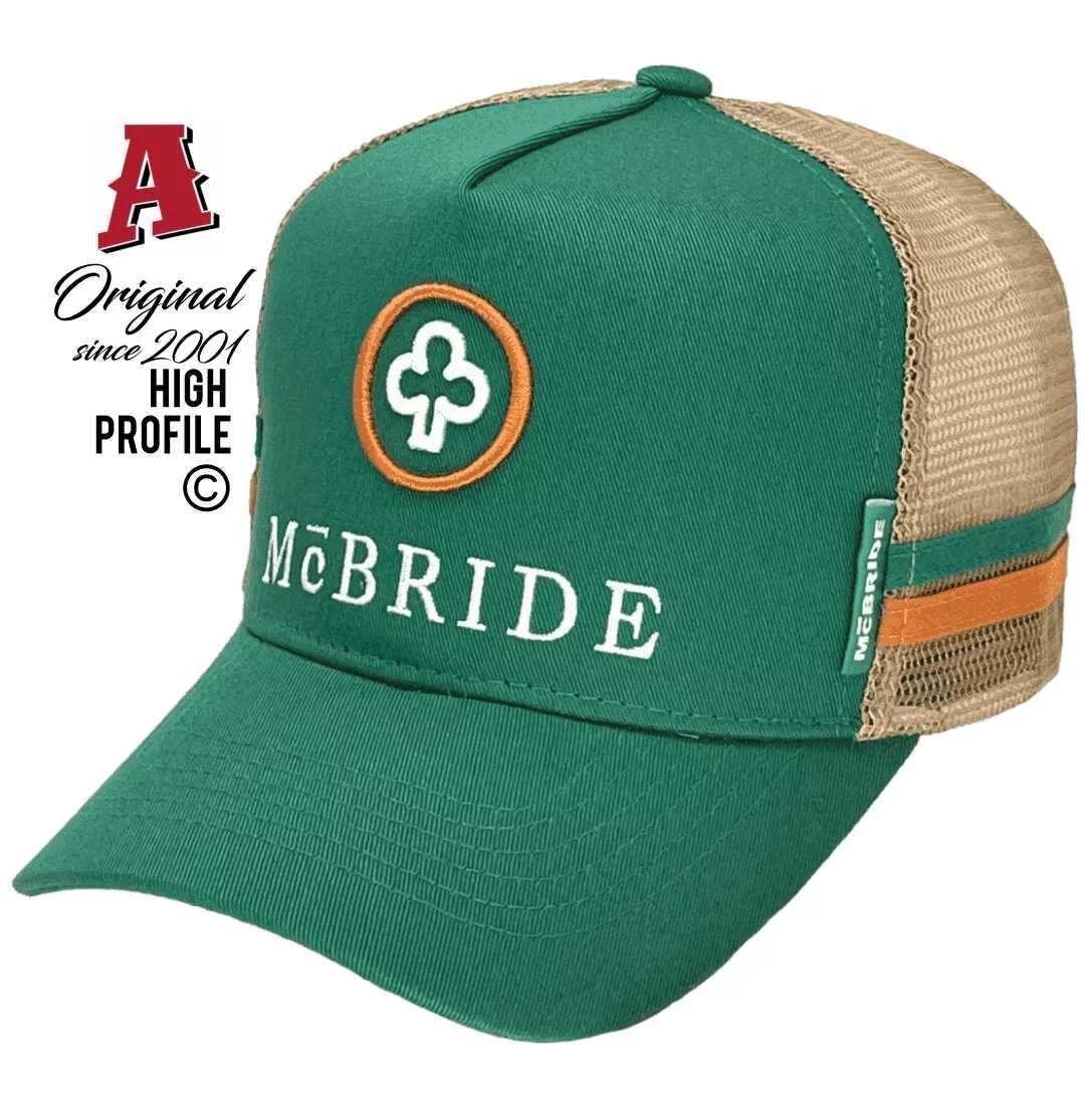 McBride Adelaide SA Basic Aussie Trucker Hats with Aussie HeadFit Crown & Dual SideBands Green Brown Snapback