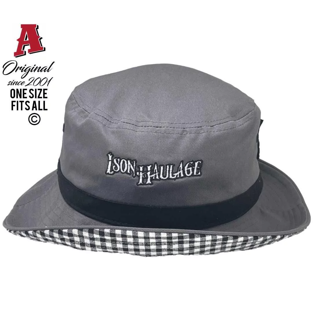 Ison Haulage Chances Plain QLD Aussie Bucket Hats One Size Fits All Plus Pony Tail Outlet on Rear Grey Gingham Black