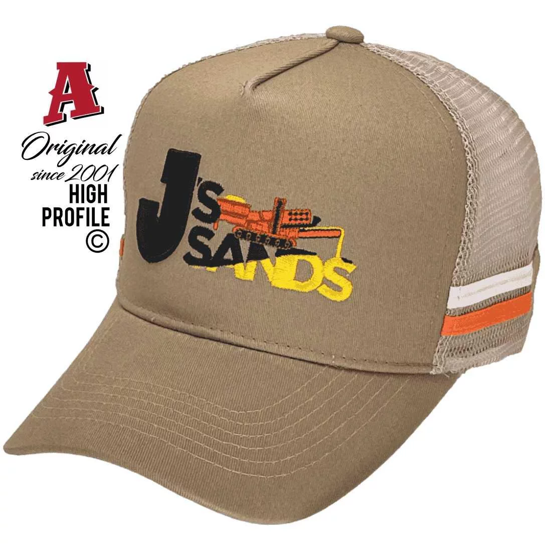 J's Sands Richmond Qld Basic Aussie Trucker Hats High Profile with Dual SideBands Khaki Orange Snapback
