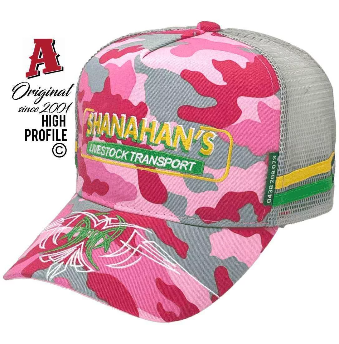 Shanahan's Livestock Transport Wodonga Vic Power Aussie Trucker Hat with Embroidered Design on Brim Pink Camo Snapback
