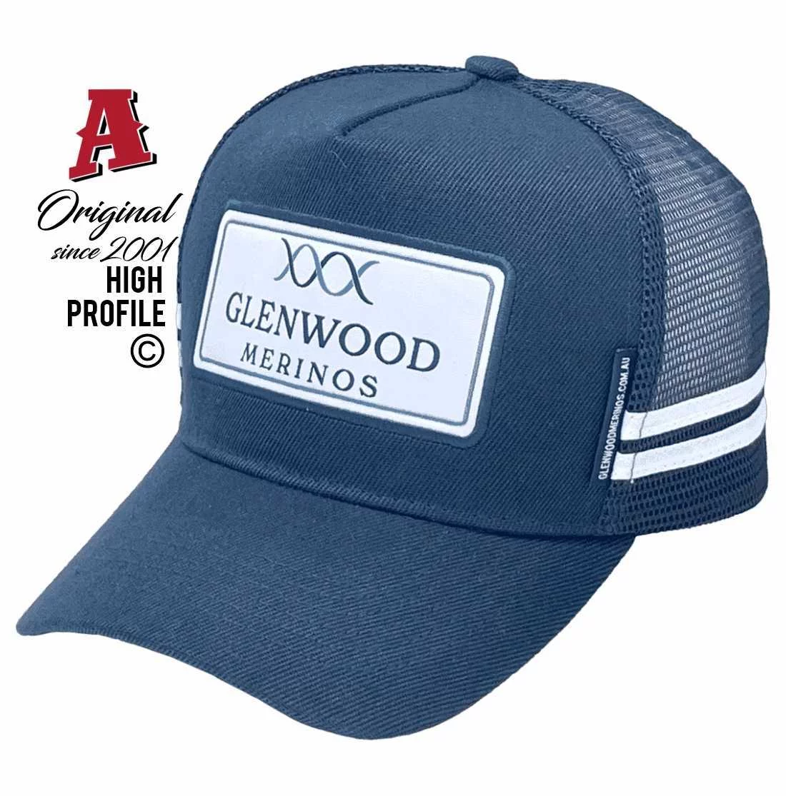 Glenwood Merinos Wellington NSW Basic Aussie Trucker Hats High Profile with Woven Sewn on Badge with Dual Side Bands Navy White Snapback