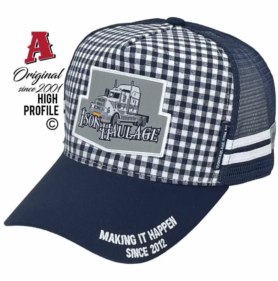 Ison Haulage Chinchilla Qld Power Aussie Trucker Hats with Gingham Fabric & Embroidered Badge Navy White Snapback