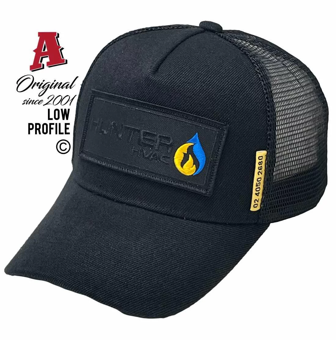 Hunter HVAC Wallsend NSW Basic Aussie Trucker Hats Low Profile with Embroidered Badge with Merrow Edge Black on Black Snapback