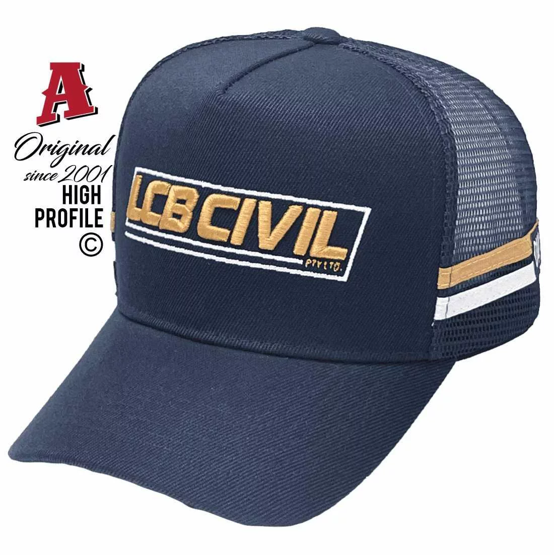 LCB Civil Bundaberg East QLD Basic Aussie Trucker Hats with 2 SideBands 3d embroidery Gold Thread Navy Snapback