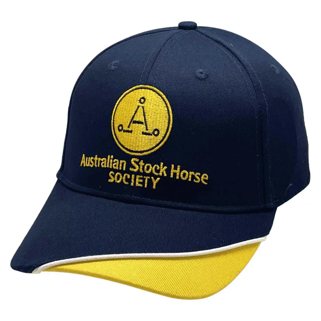 Australian Stock Horse Society Scone NSW Custom Snapback Baseball Cap with Australian Head Fit Crown Size and Navy White Gold Brim Design