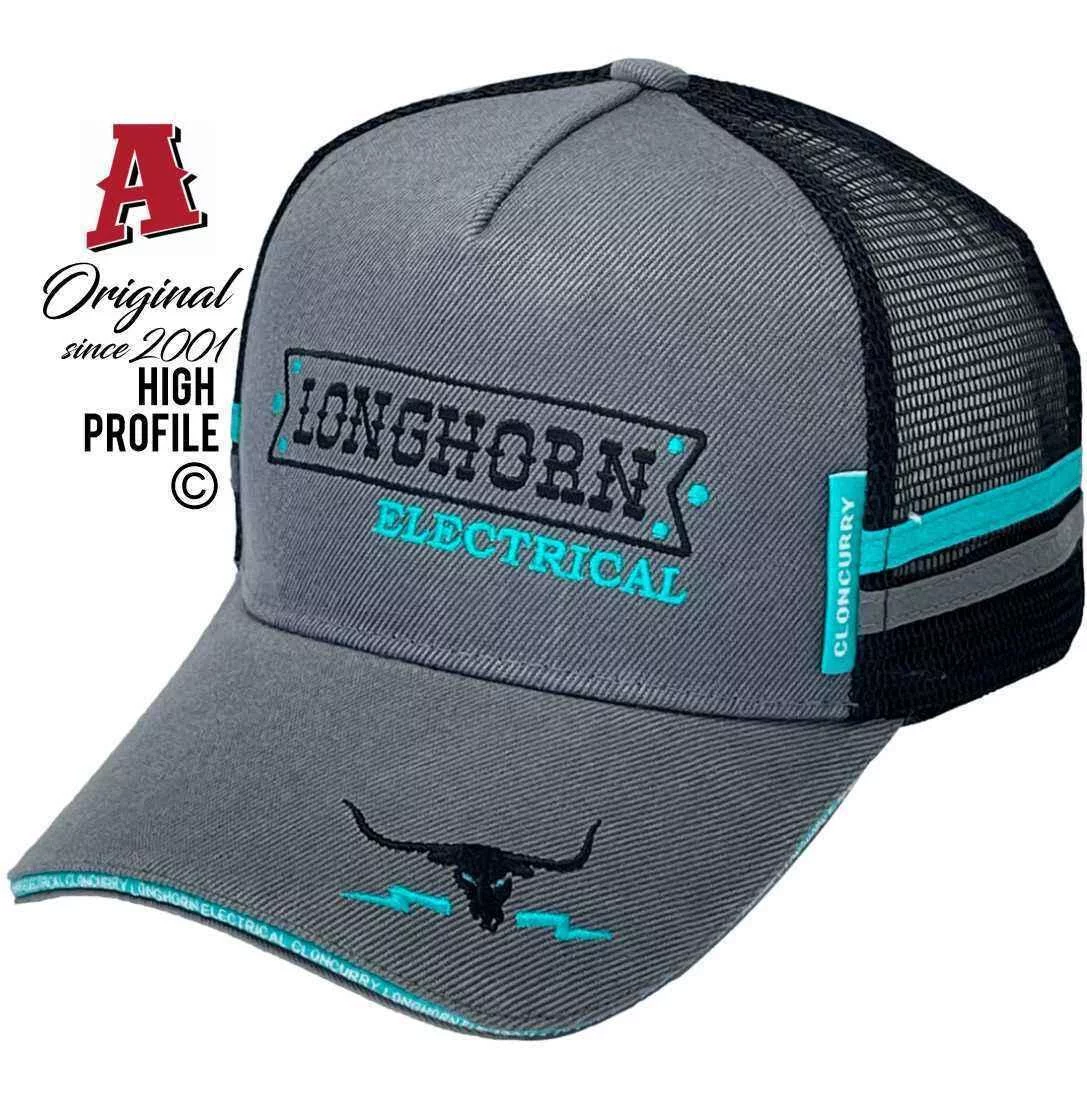 Longhorn Electrical Cloncurry Qld Power Aussie Trucker Hats with Sandwich Brim & Dual SideBands Dark Grey Black Snapback