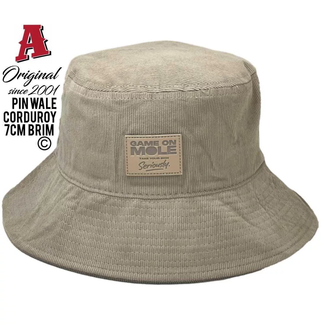 Game On Mole Australia Bucket Hat from Aussie Trucker Hats Pin Wale Corduroy with 7cm Brim Width Sand Colour 50 UPF