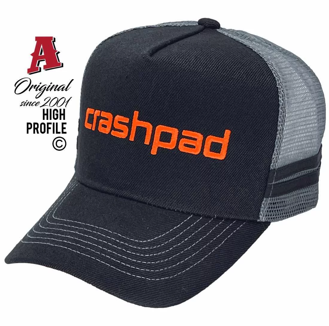 Crashpad Gear Coolum Beach QLD Original Basic Aussie Trucker Hat with Flat Embroidered logo letters Acrylic Orange on Black