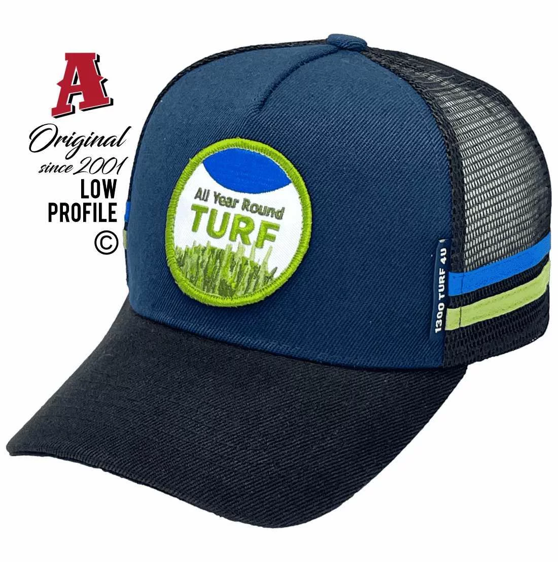 All Year Round Turf Wilberforce NSW Basic Aussie Trucker Hats Low Profile with Sewn on Round Embroidered Badge with Merrow Edge