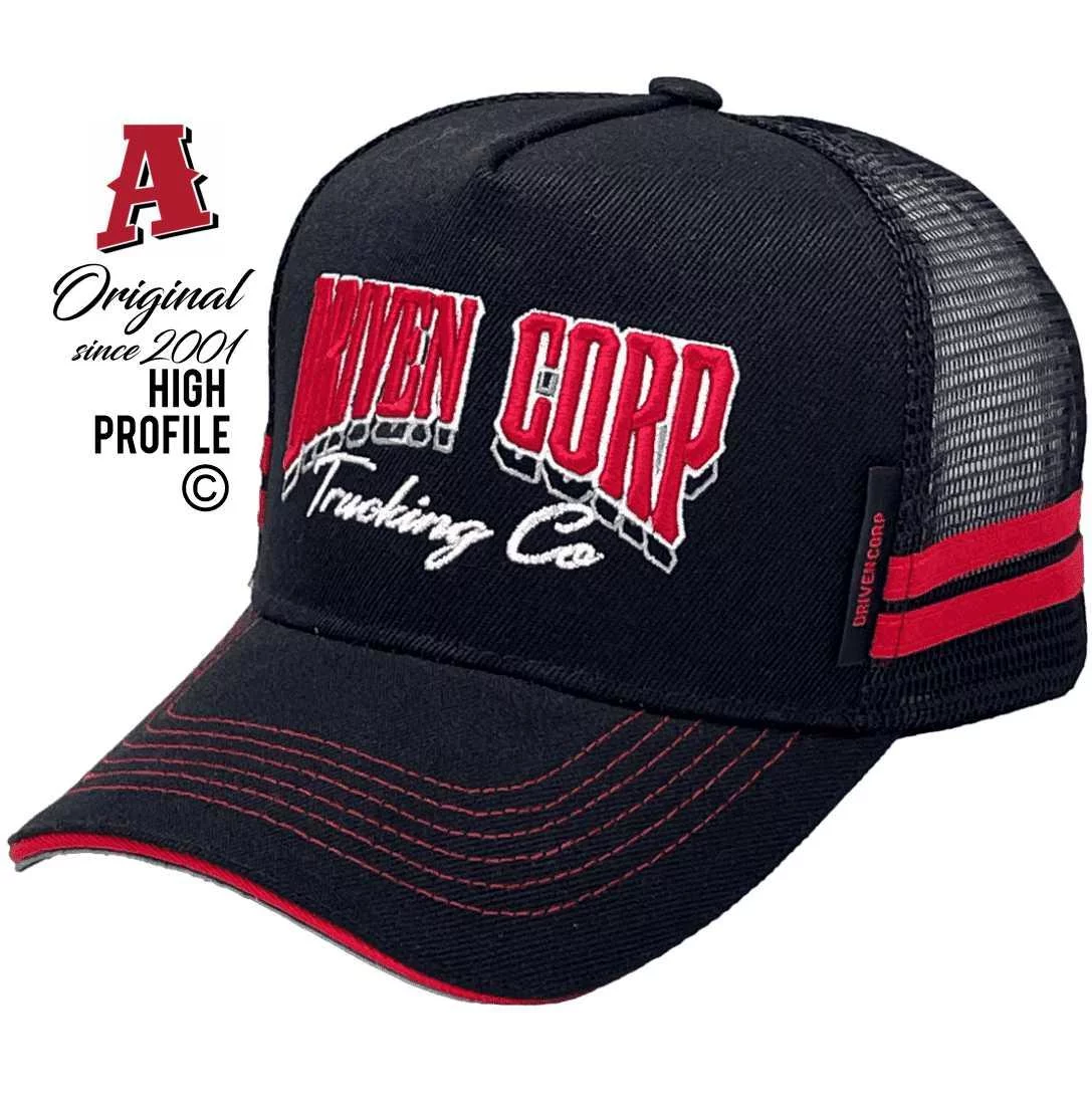 Driven Corp Trucking Co Sydney NSW Power Aussie Trucker Hats with Australian HeadFit Crown & Sandwich Brim Black Red Snapback