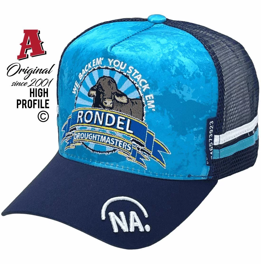 Rondel Droughtmasters WINTON QLD Midrange Aussie Trucker Hats with Sublimated Print Crown & 2 SideBands Camouflage Sky Navy Snapback