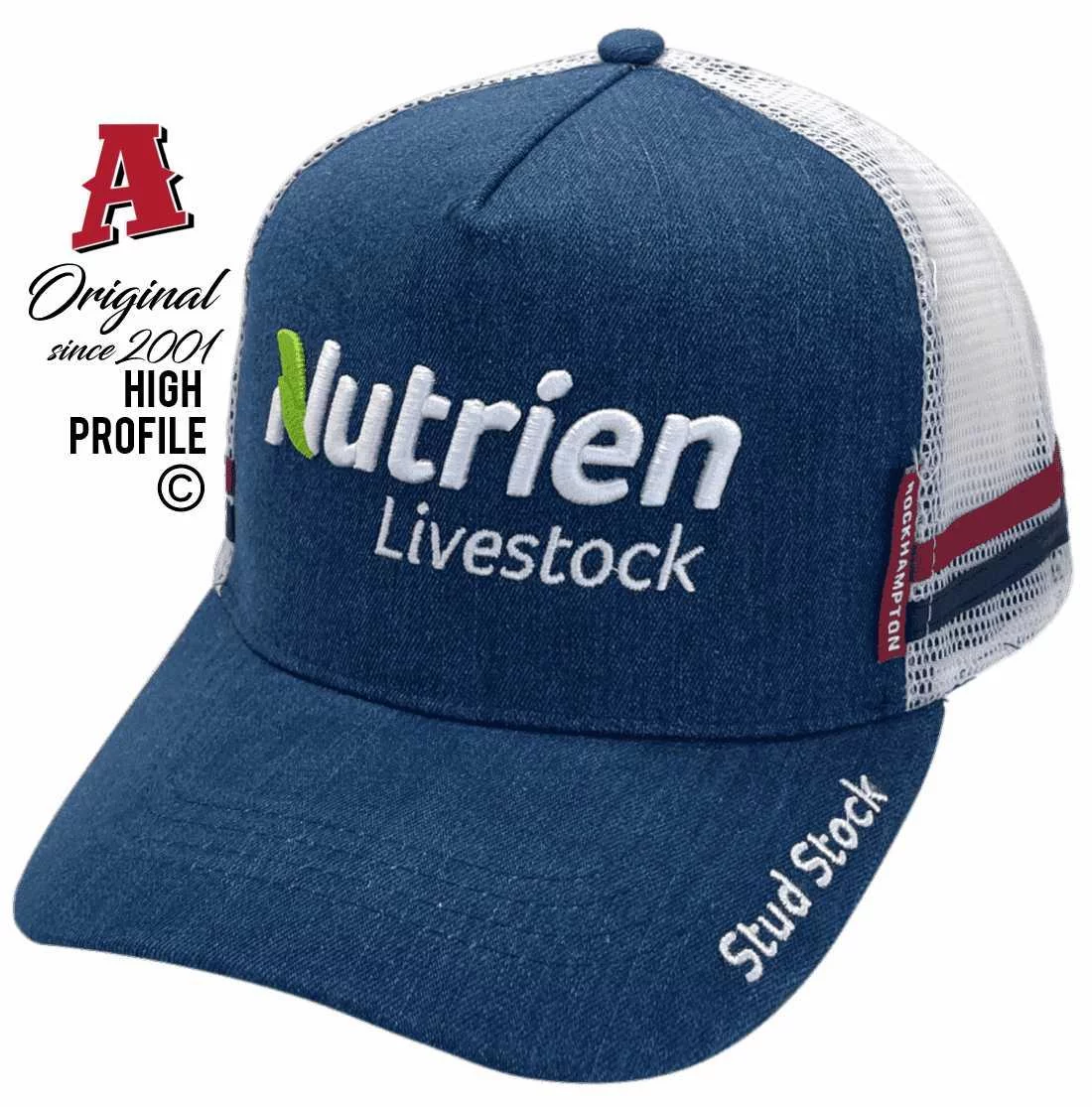 Nutrien Livestock Rockhampton QLD Stud Stock Midrange Aussie Trucker Hats HeadFit Crown Denim 3d embroidery Snapback