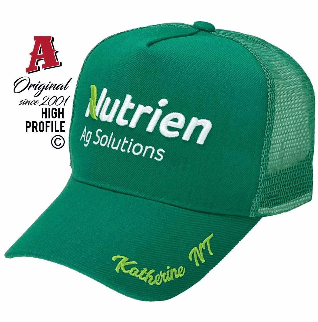 Nutrien Ag Solutions Katherine NT Midrange Aussie Trucker Hats with Australian HeadFit Crown  3d embroidery and 3d embroidery on brim Green with Green mesh Snapback