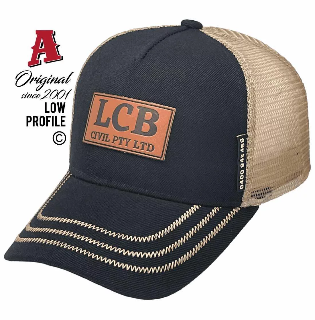 LCB Civil Pty Ltd Bundaberg East QLD Midrange Aussie Trucker Hats Leather Badge & Zigzag stitch on Brim Black and Lt Brown Snapback