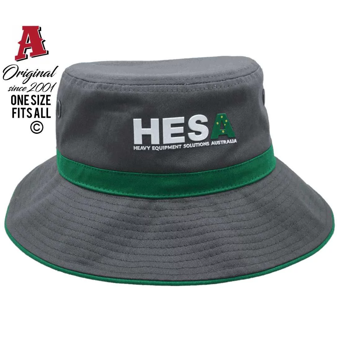 Heavy Equipment Solutions Australia Mena Creek QLD Aussie Bucket Hat One Size Fits All 7cm Brim Grey Green with Large Eyelets