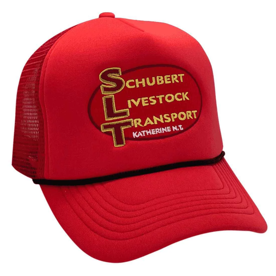 Schubert Livestock Transport Katherine NT HP Foamie Aussie Trucker Hat with Australian Head Fit Crown Sizing and Rope Sash