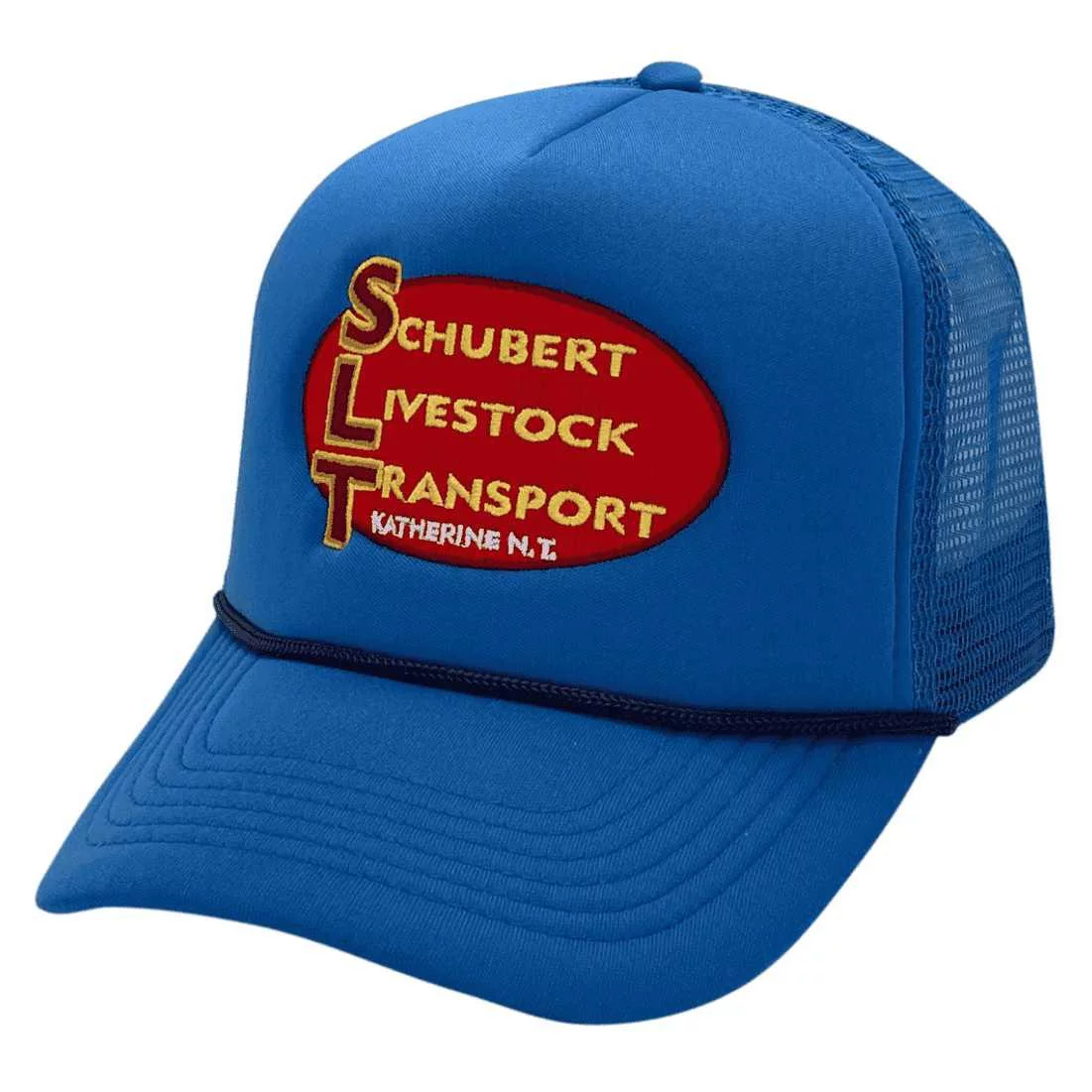 Schubert Livestock Transport Katherine NT HP Original Foamie Aussie Trucker Hat with Australian Head Fit Crown Size and Rope Sash Royal Blue