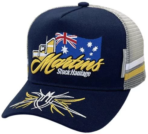 Martins Stock Haulage Power Aussie Trucker Hat with Top Brim Decoration and Australian Head Fit Crown Size with Double Side Bands