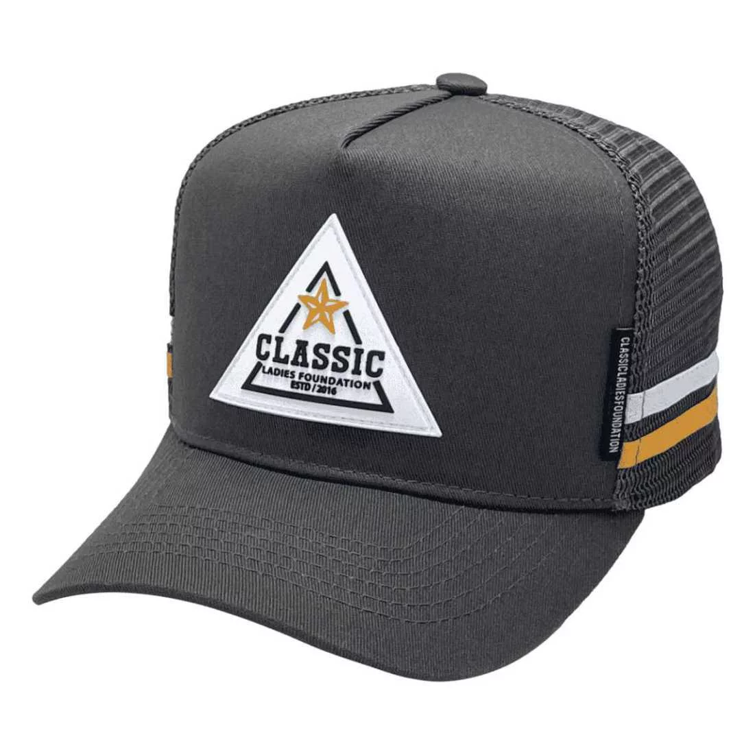Classic Ladies Foundation HP Mens Midrange Aussie Trucker Hat with Rubber Badge Decoration and Original 2 Side Bands Charcoal Acrylic