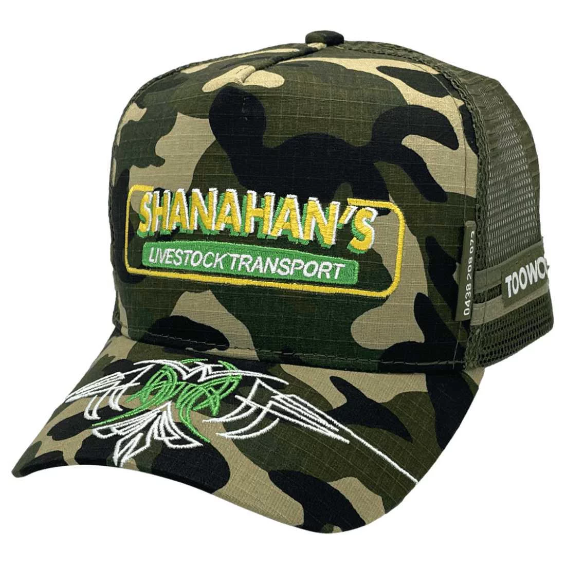 Shanahans Livestock Transport Wodonga VIC and Toowoomba QLD HP Power Aussie Trucker Hat with Australian Head Fit Crown Forest Green Ripstop Camo