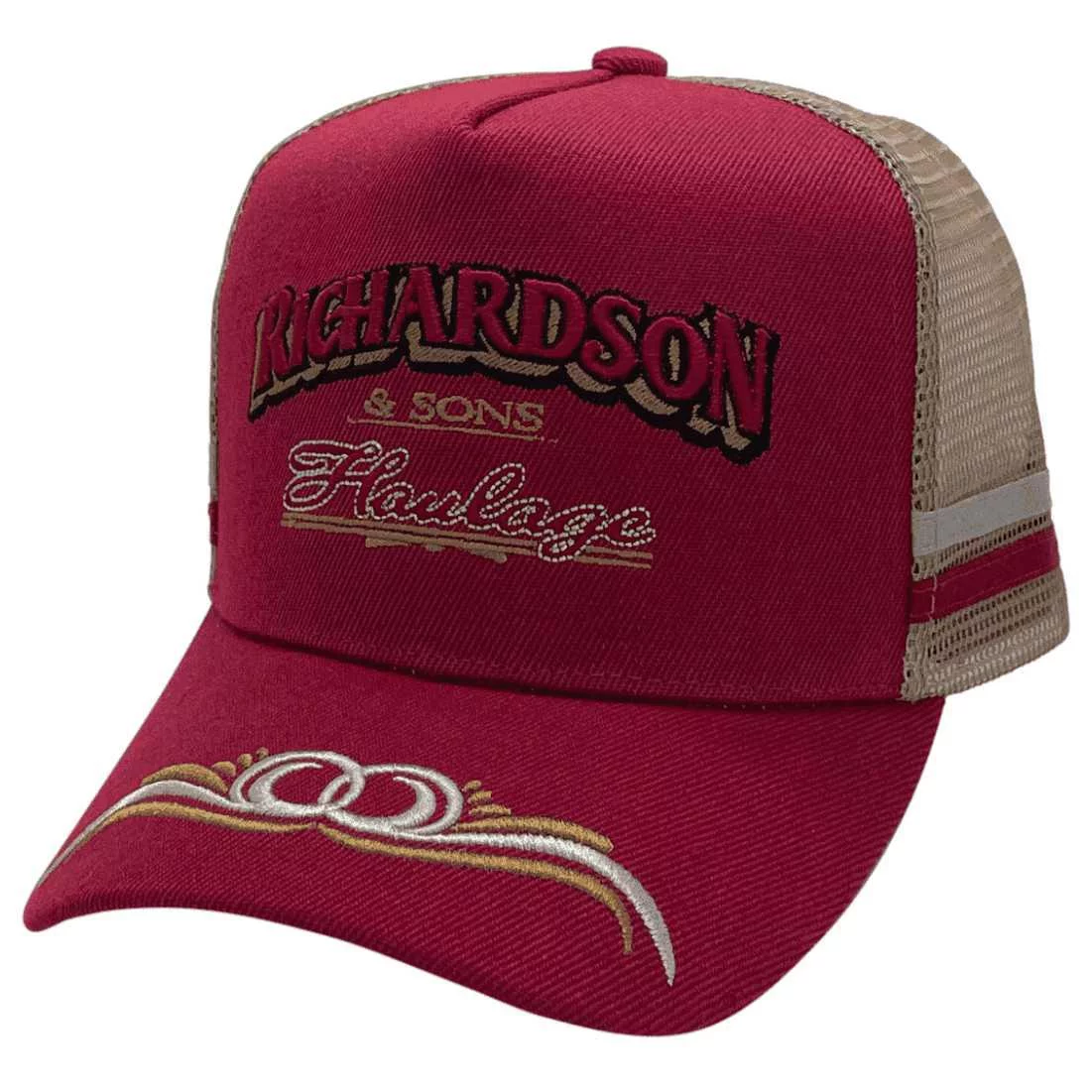 Richardson & Sons Haulage Henty NSW HP Original Power Aussie Trucker Hat with double sidebands and Australian Head Fit Crown Maroon Gold Grey