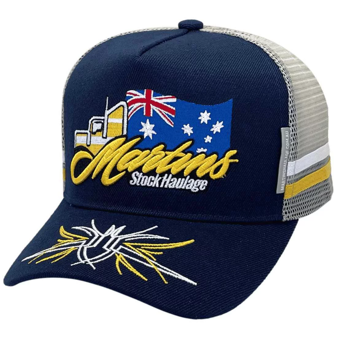 Martins Stock Haulage Scone NSW HP Original Power Aussie Trucker Hat with Double Side Bands and Australian Head Fit Crown with pinstripe embroidery brim